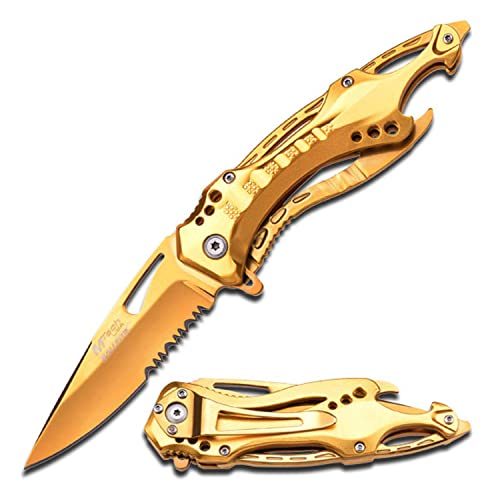 MTECH USA Folding Knife, 3.75-Inch Half-Serrated Blade, Titanium Coating, Glass Breaker, Pocket Clip (Gold)