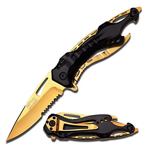 MTech USA – Assisted Folding Knife – Partially Serrated Gold TiNite Coated Stainless Steel Blade, Black Aluminum Handle, Pocket Clip, Tactical, EDC, Self Defense- MT-A705BG